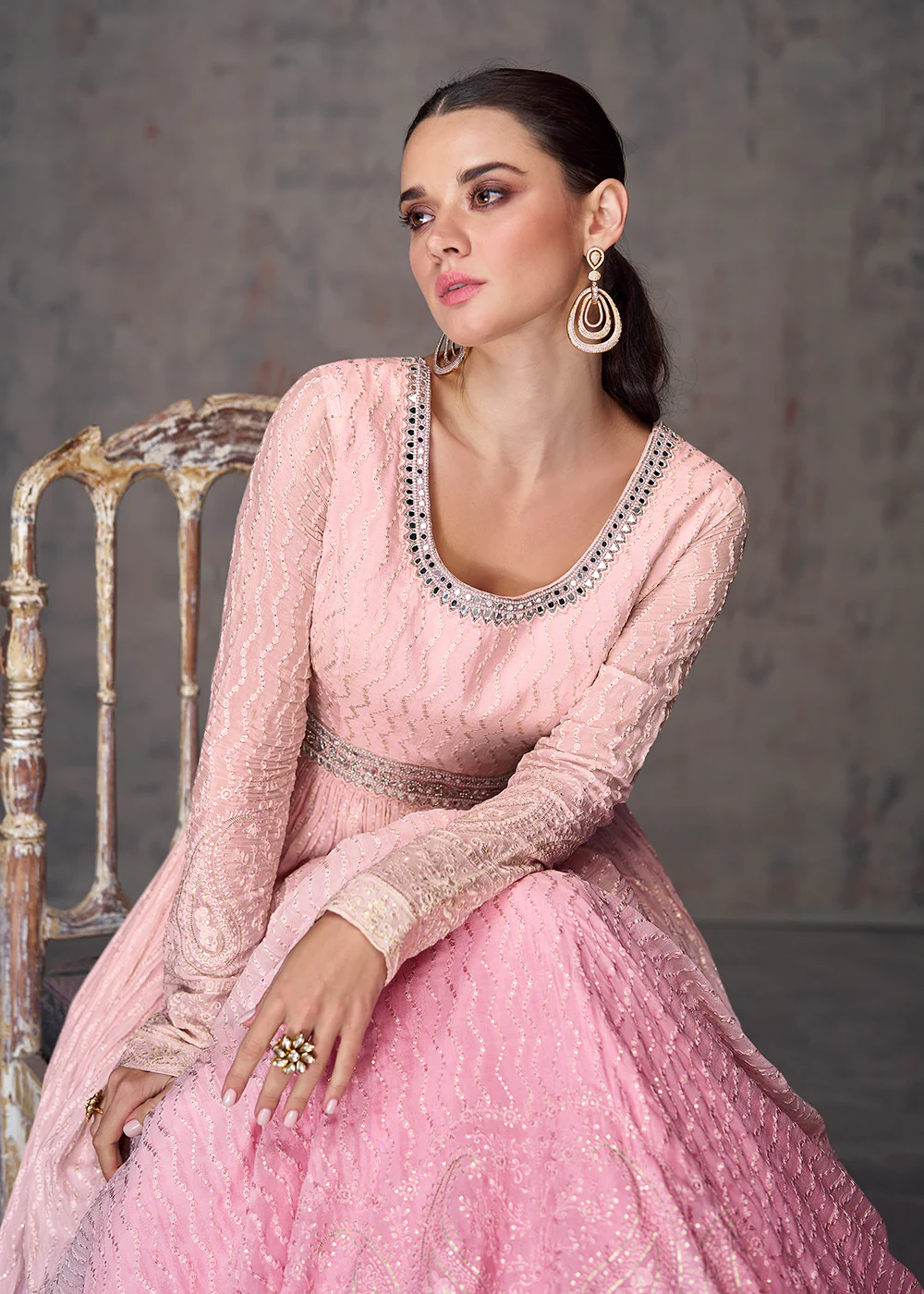 Sequins & Faux Mirror Embroidered Indian Wedding Gown in Pink - Image 2