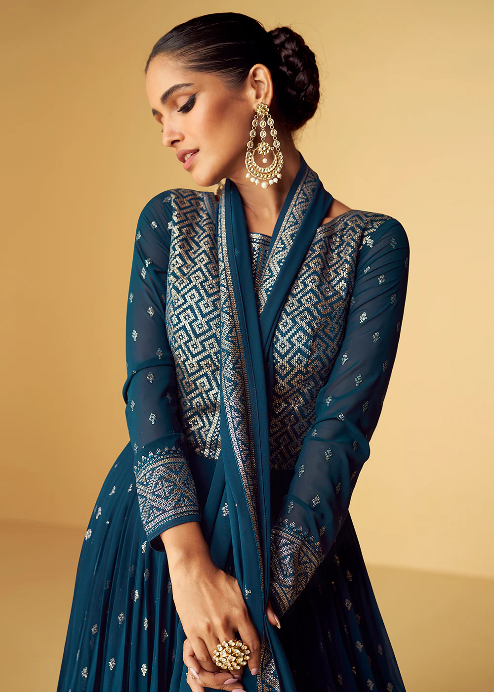 Sequins & Thread Real Georgette Blue Indian Anarkali Suit - Image 2