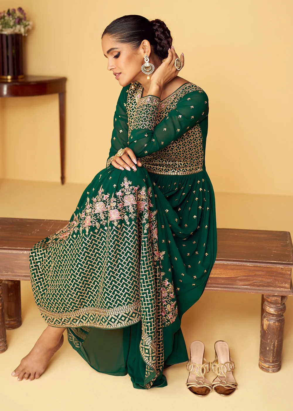 Sequins & Thread Real Georgette Green Indian Anarkali Suit - Image 2