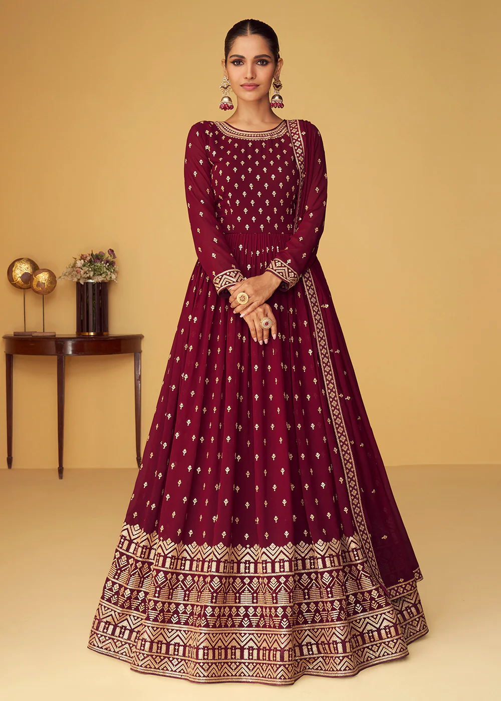 Sequins & Thread Real Georgette Maroon Indian Anarkali Suit