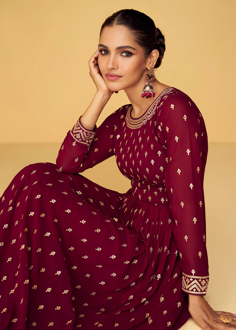 Sequins & Thread Real Georgette Maroon Indian Anarkali Suit - Image 2