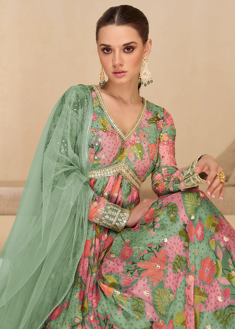 Sequins Work Embroidered Green Wedding Anarkali Gown - Image 2