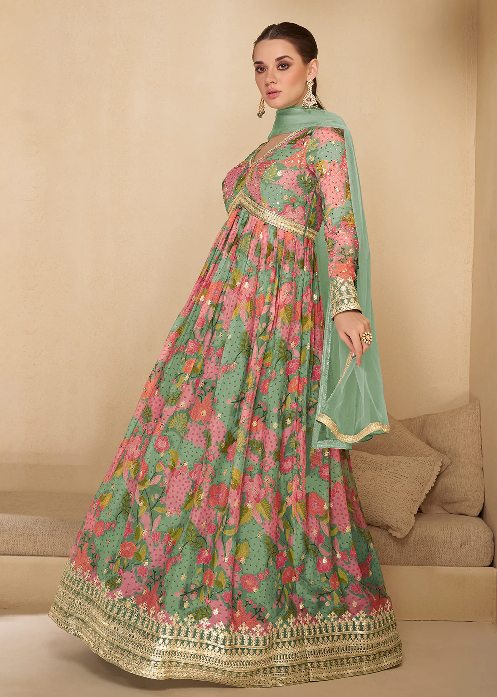 Sequins Work Embroidered Green Wedding Anarkali Gown - Image 4