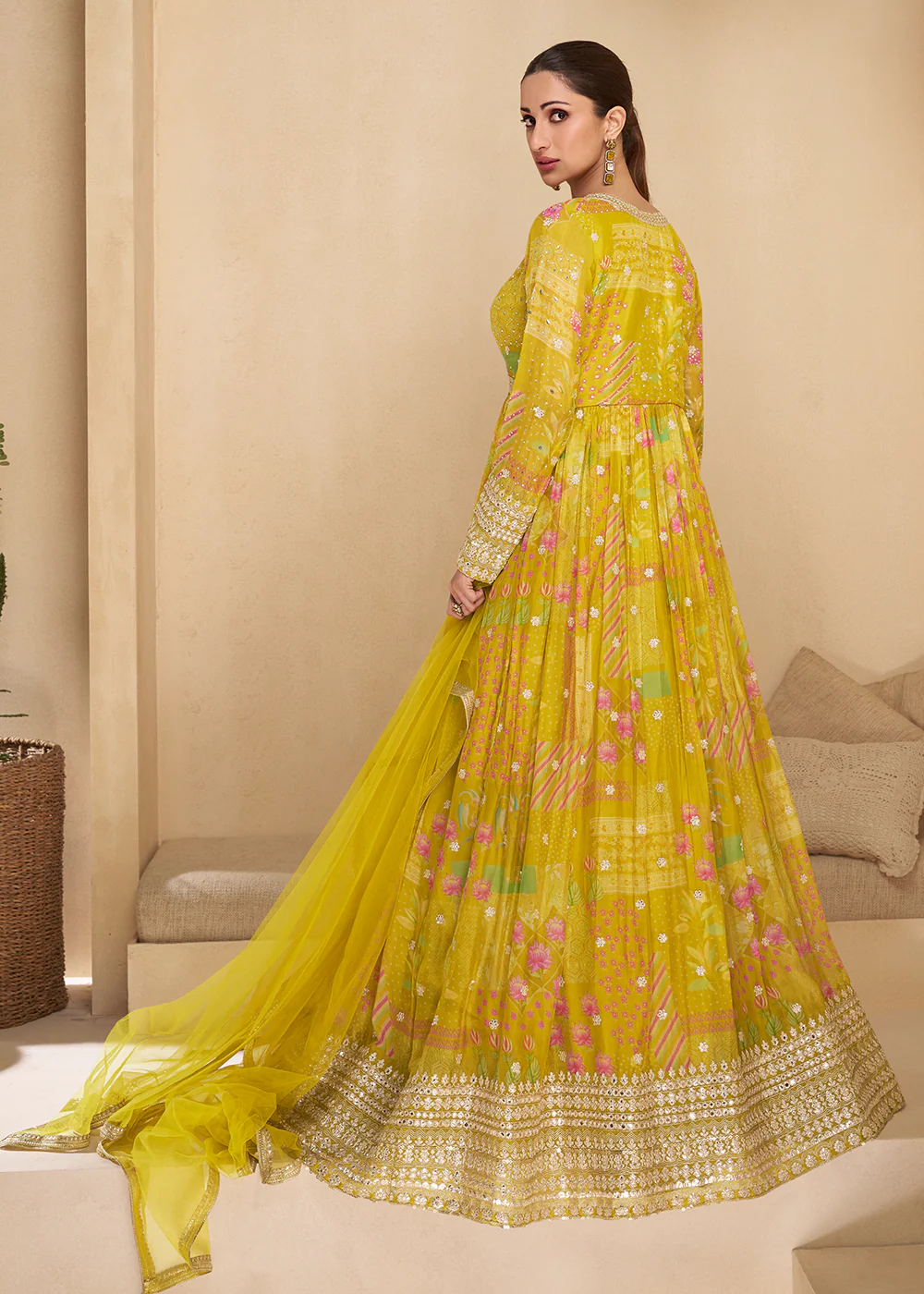 Sequins Work Embroidered Yellow Wedding Anarkali Gown - Image 3
