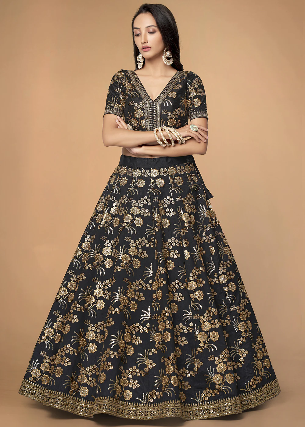 Sequins & Zari Embroidered Black Silk Designer Lehenga Choli - Image 6