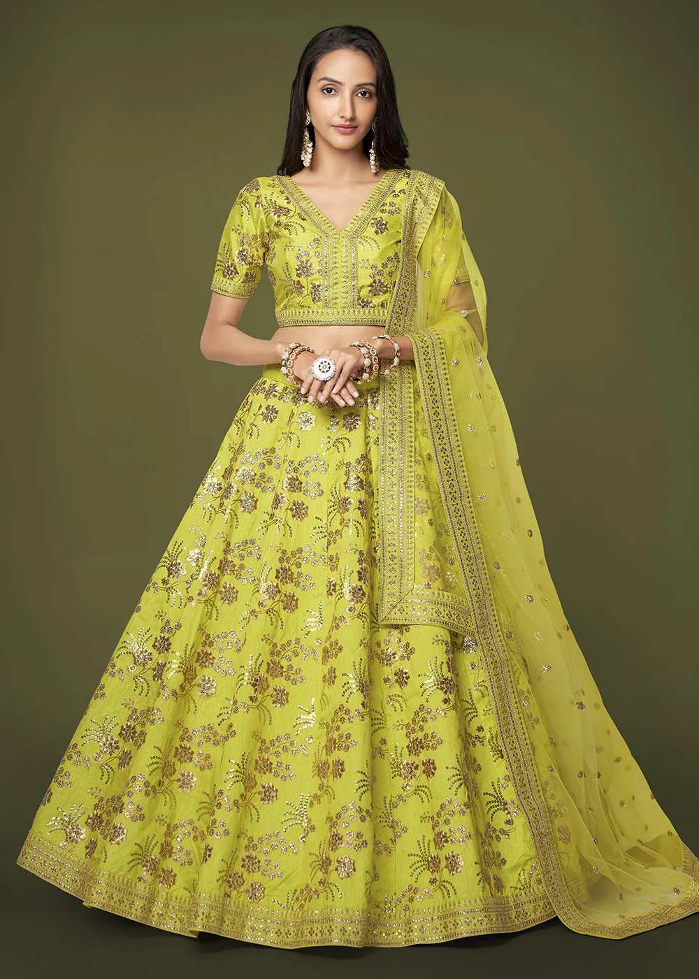 Sequins & Zari Embroidered Green Silk Designer Lehenga Choli - Image 4