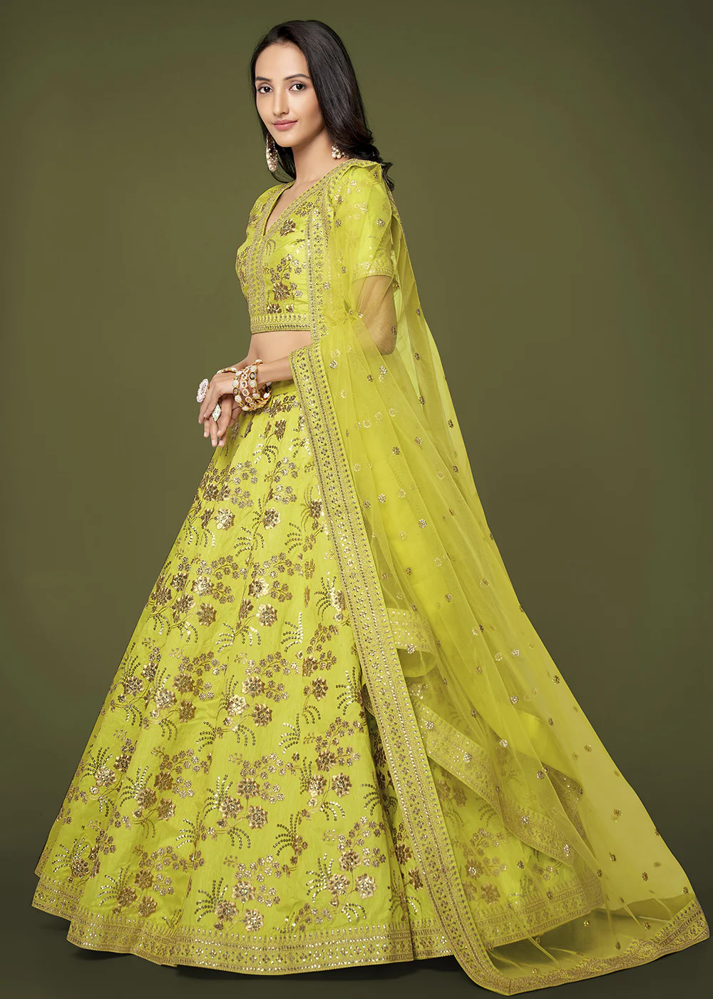 Sequins & Zari Embroidered Green Silk Designer Lehenga Choli - Image 5