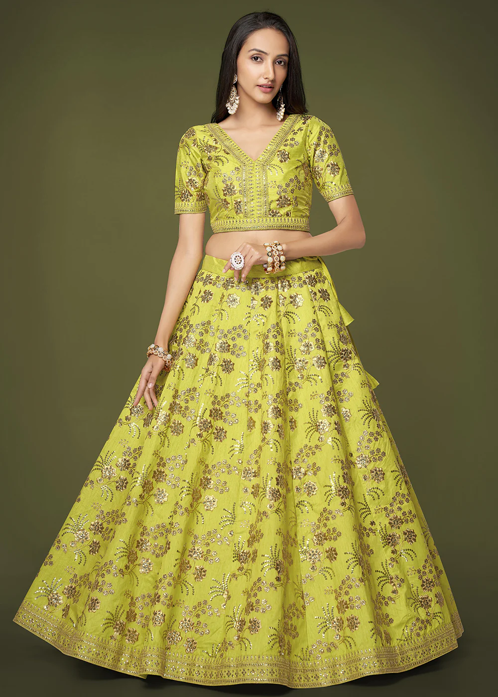 Sequins & Zari Embroidered Green Silk Designer Lehenga Choli - Image 6