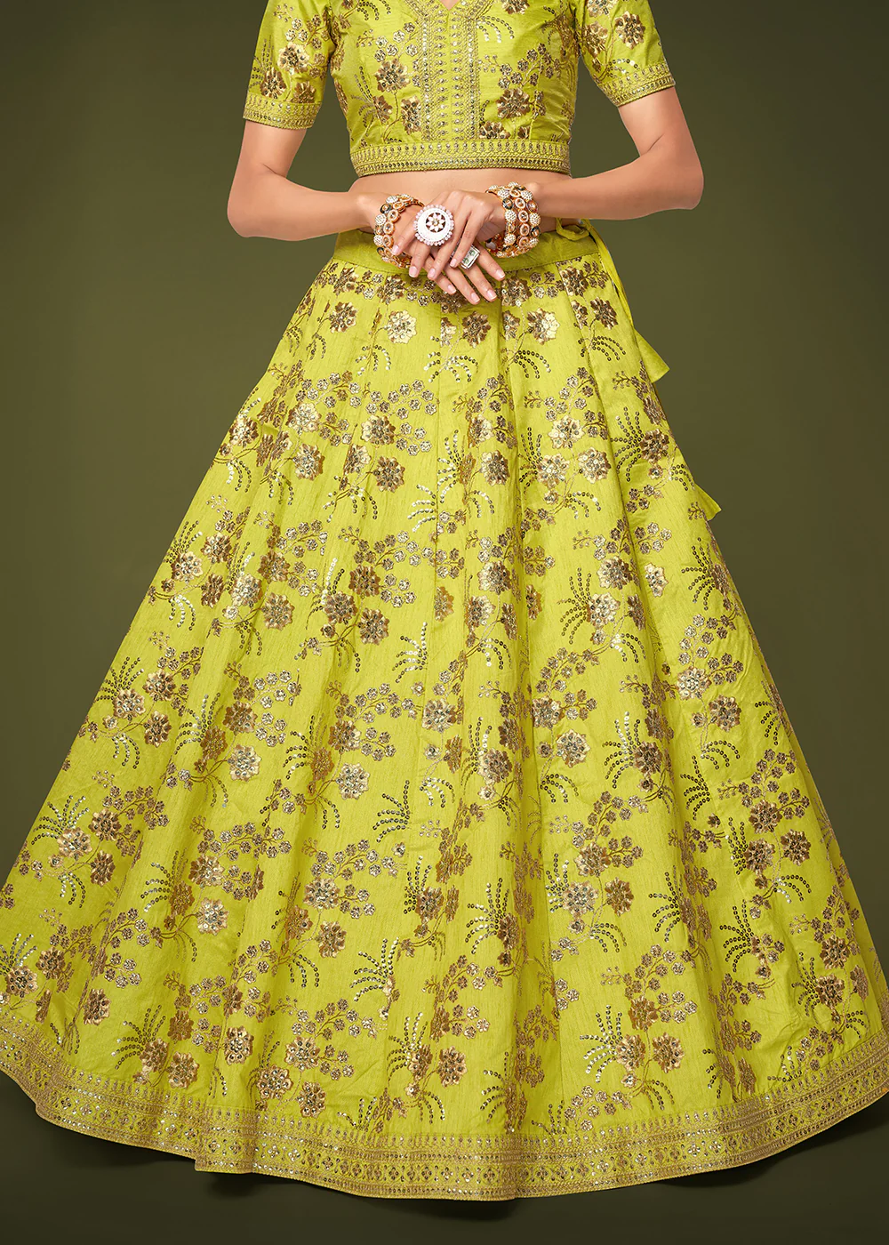 Sequins & Zari Embroidered Green Silk Designer Lehenga Choli - Image 8