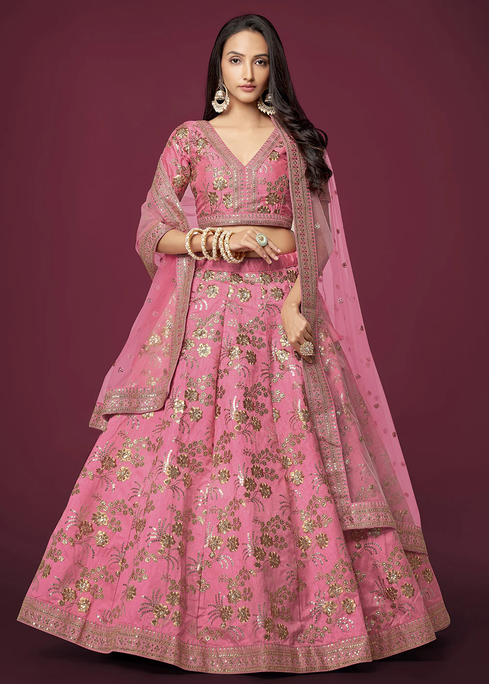 Sequins & Zari Embroidered Pink Silk Designer Lehenga Choli