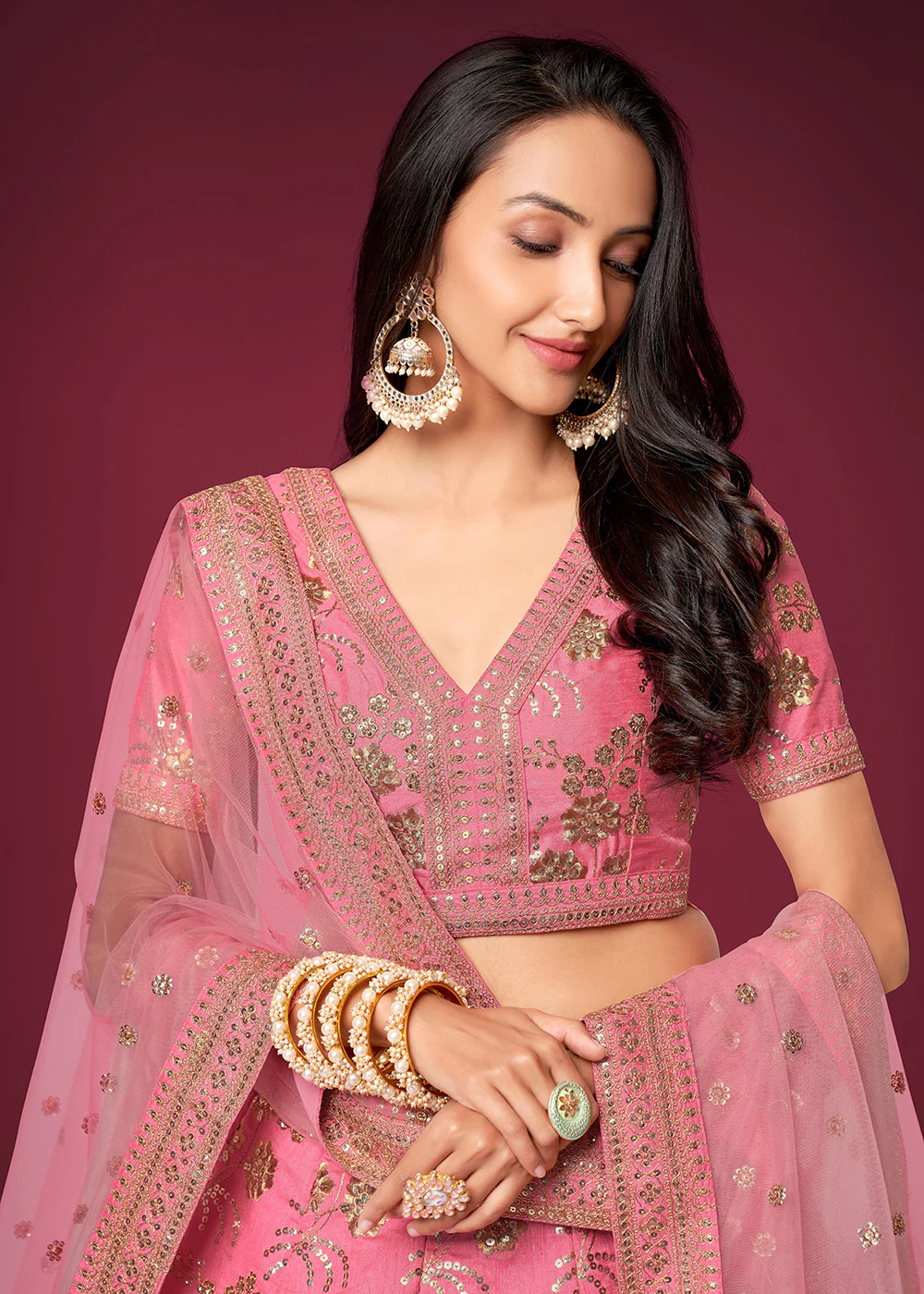 Sequins & Zari Embroidered Pink Silk Designer Lehenga Choli - Image 2