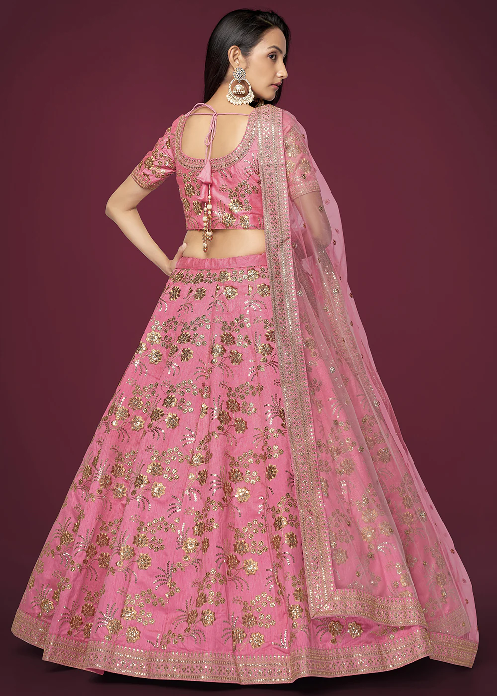 Sequins & Zari Embroidered Pink Silk Designer Lehenga Choli - Image 3