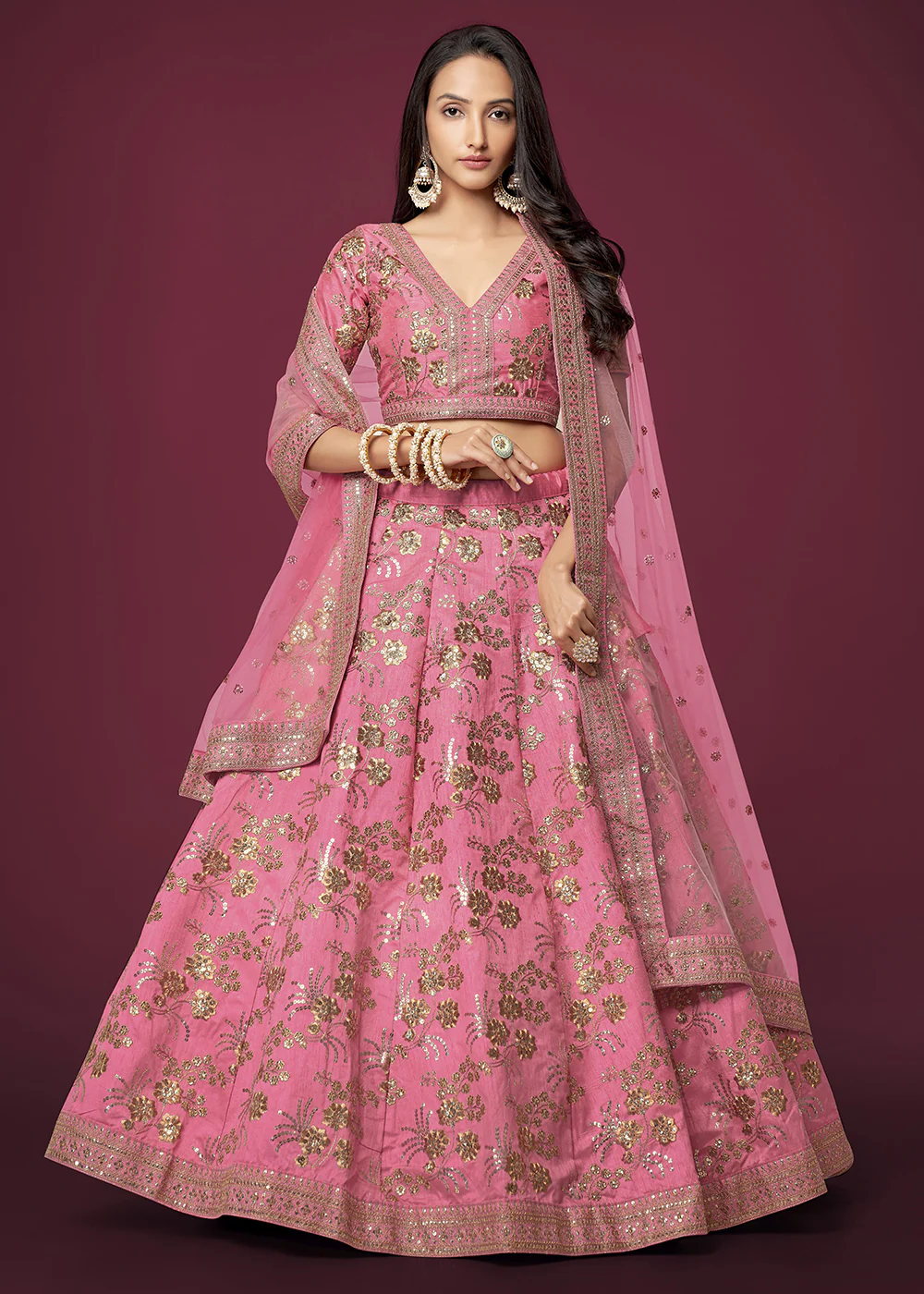 Sequins & Zari Embroidered Pink Silk Designer Lehenga Choli - Image 4