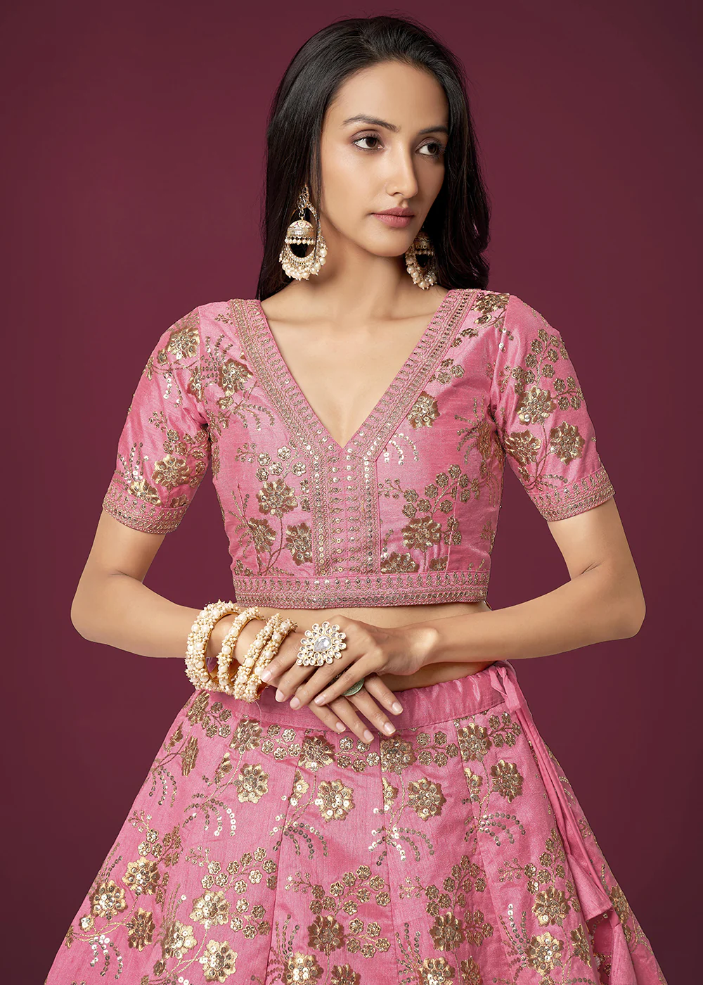 Sequins & Zari Embroidered Pink Silk Designer Lehenga Choli - Image 7