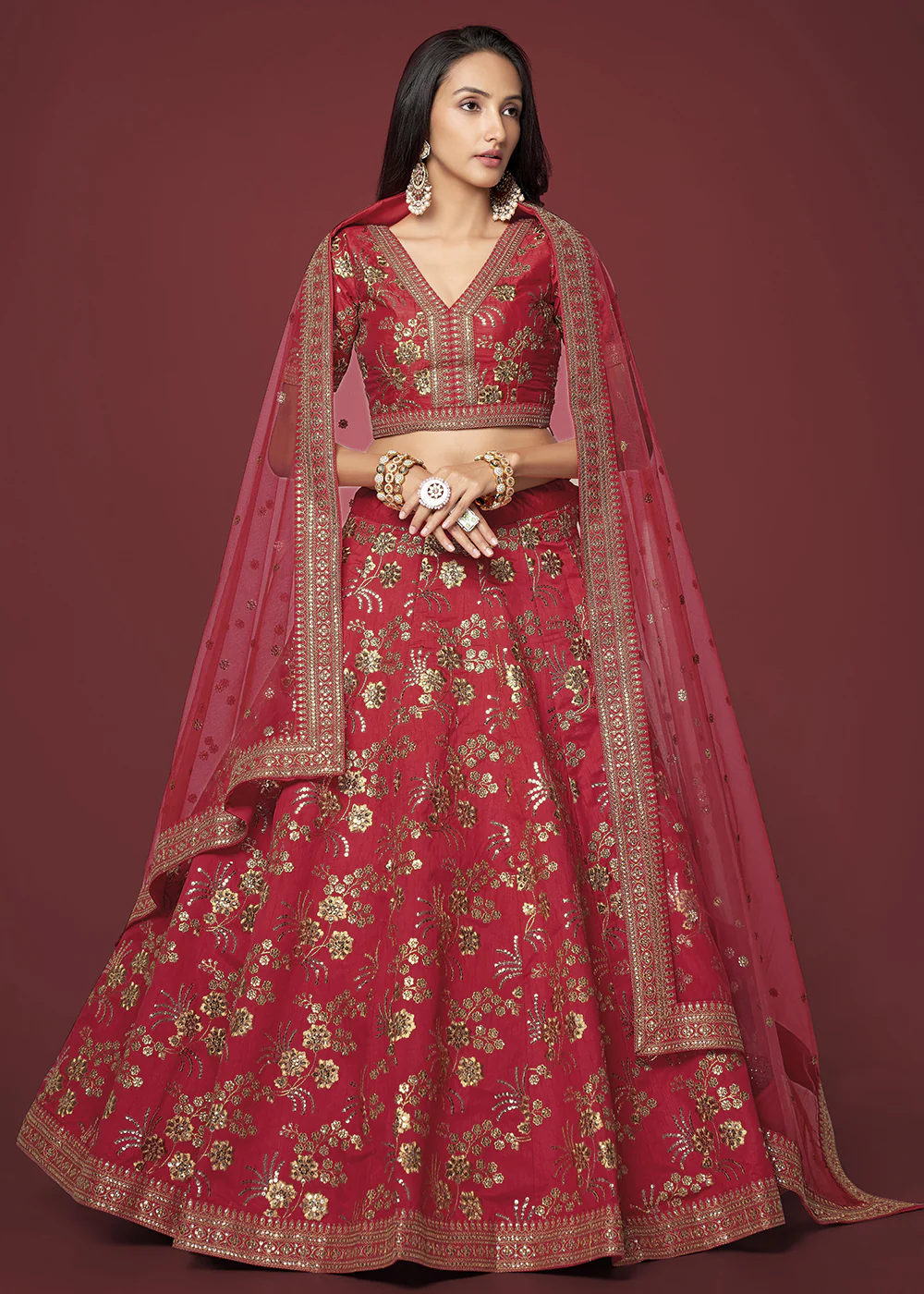 Sequins & Zari Embroidered Red Silk Designer Lehenga Choli