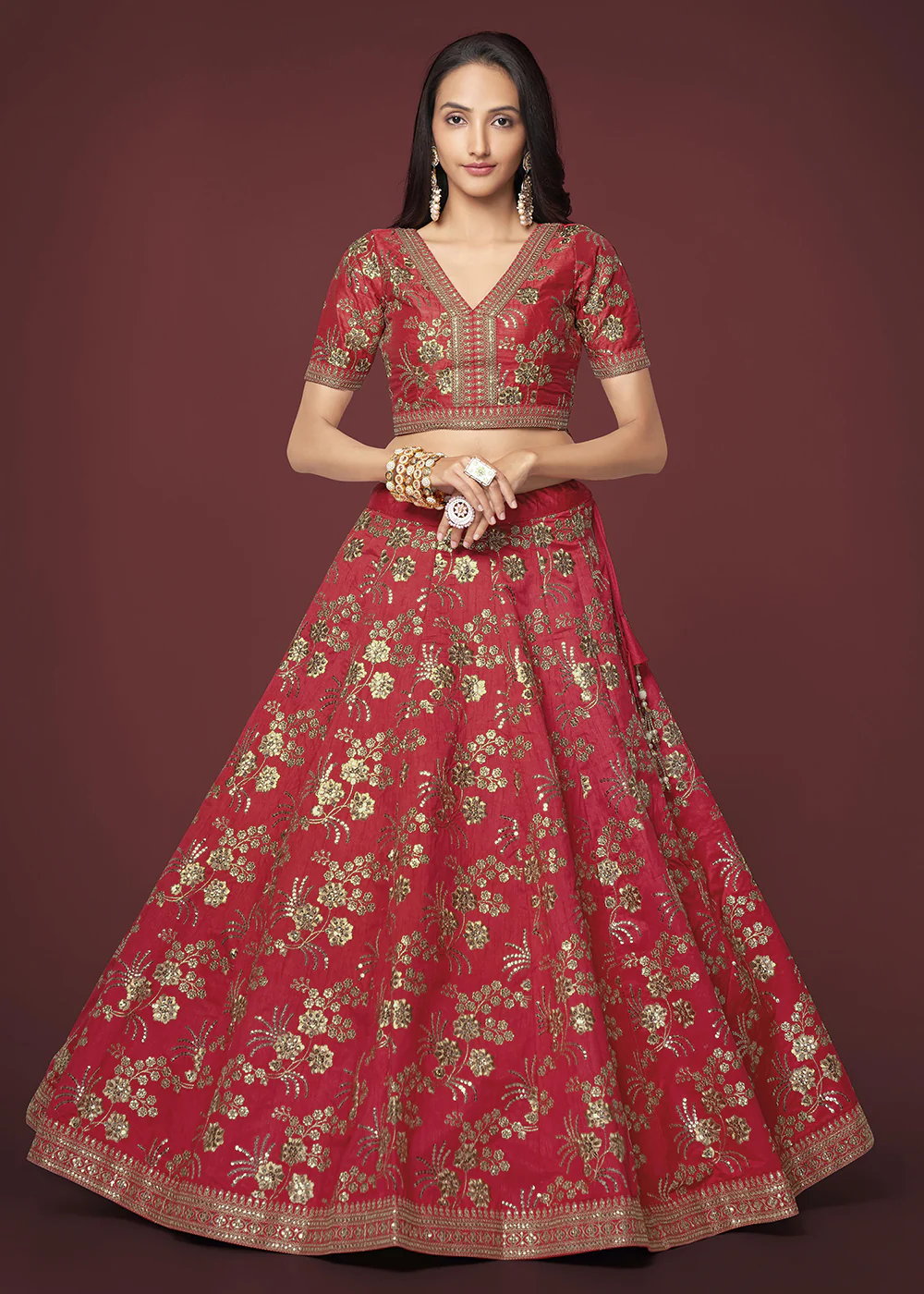 Sequins & Zari Embroidered Red Silk Designer Lehenga Choli - Image 6