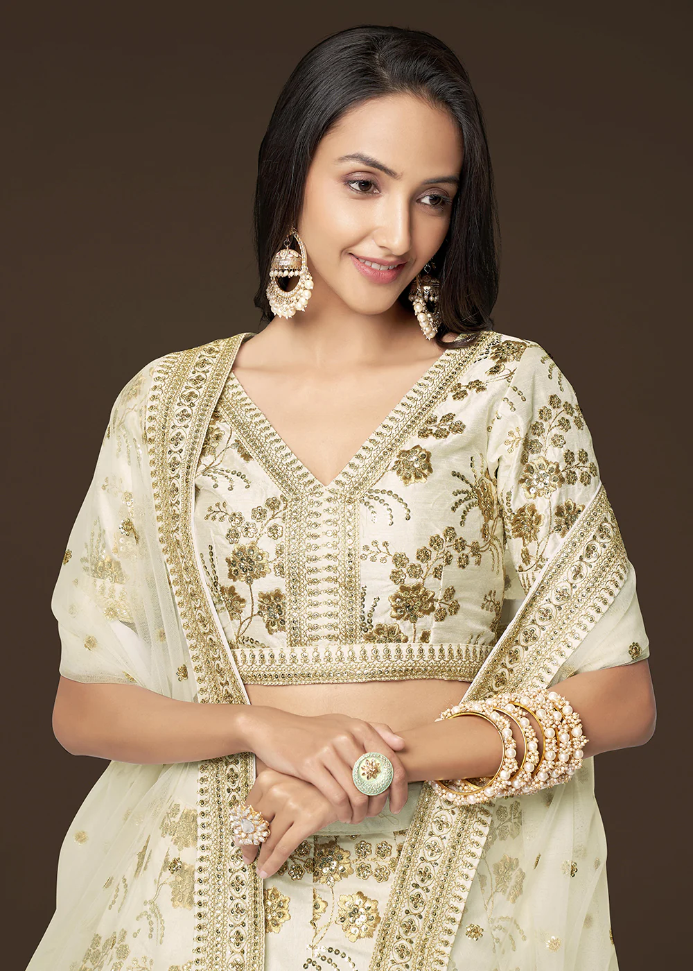 Sequins & Zari Embroidered White Silk Designer Lehenga Choli - Image 2