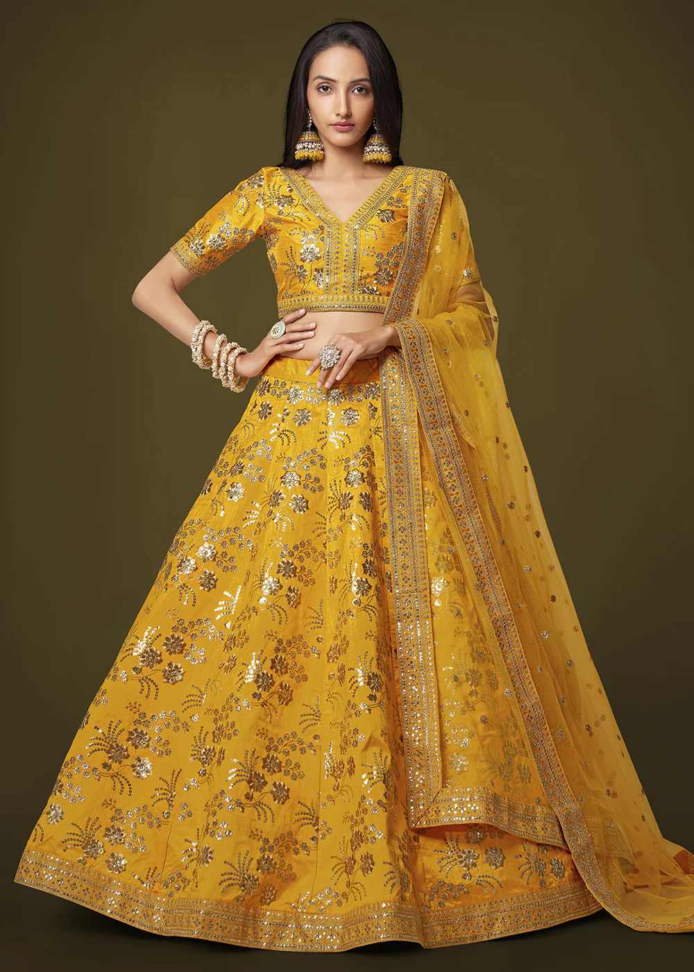 Sequins & Zari Embroidered Yellow Silk Designer Lehenga Choli