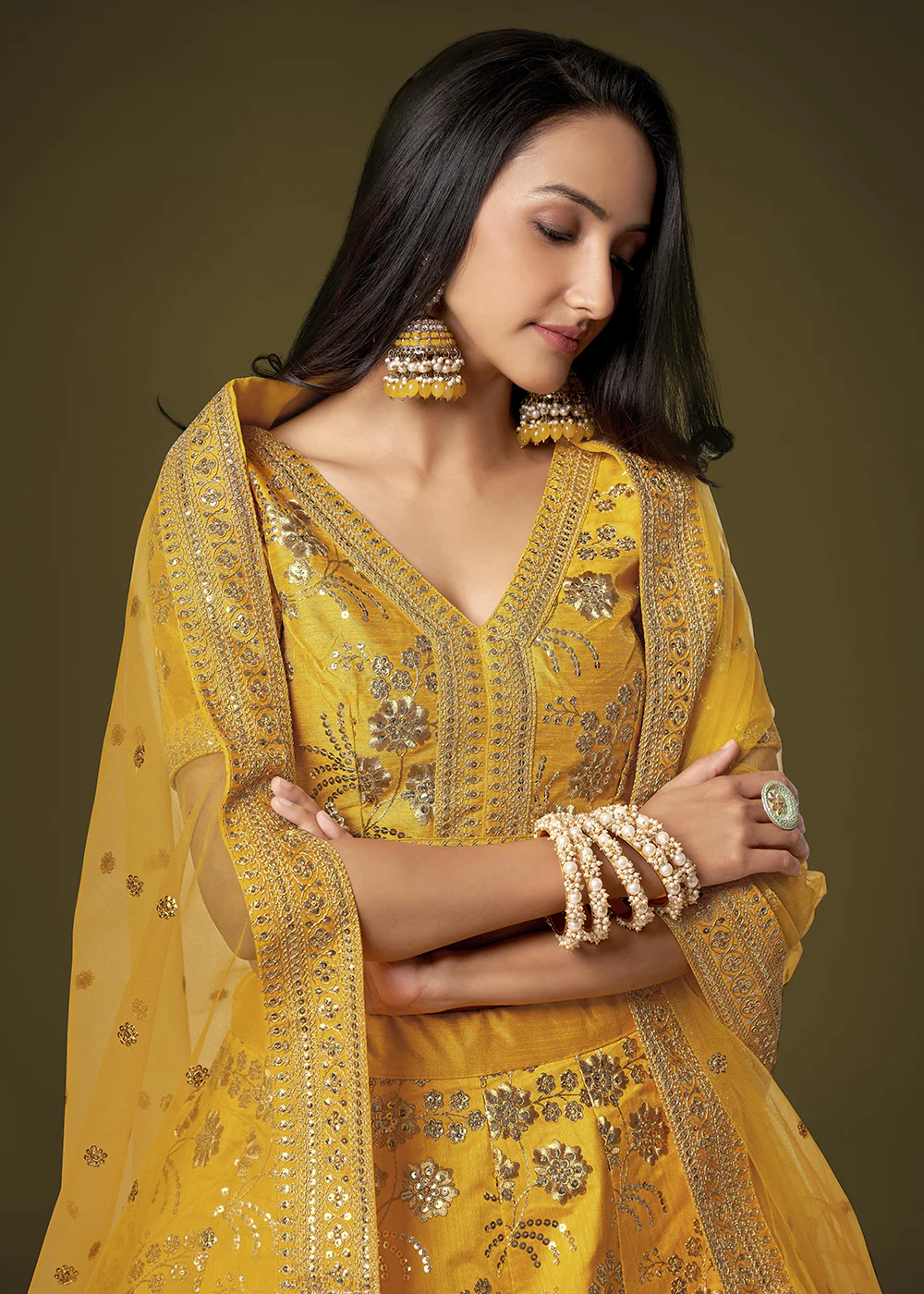 Sequins & Zari Embroidered Yellow Silk Designer Lehenga Choli - Image 2