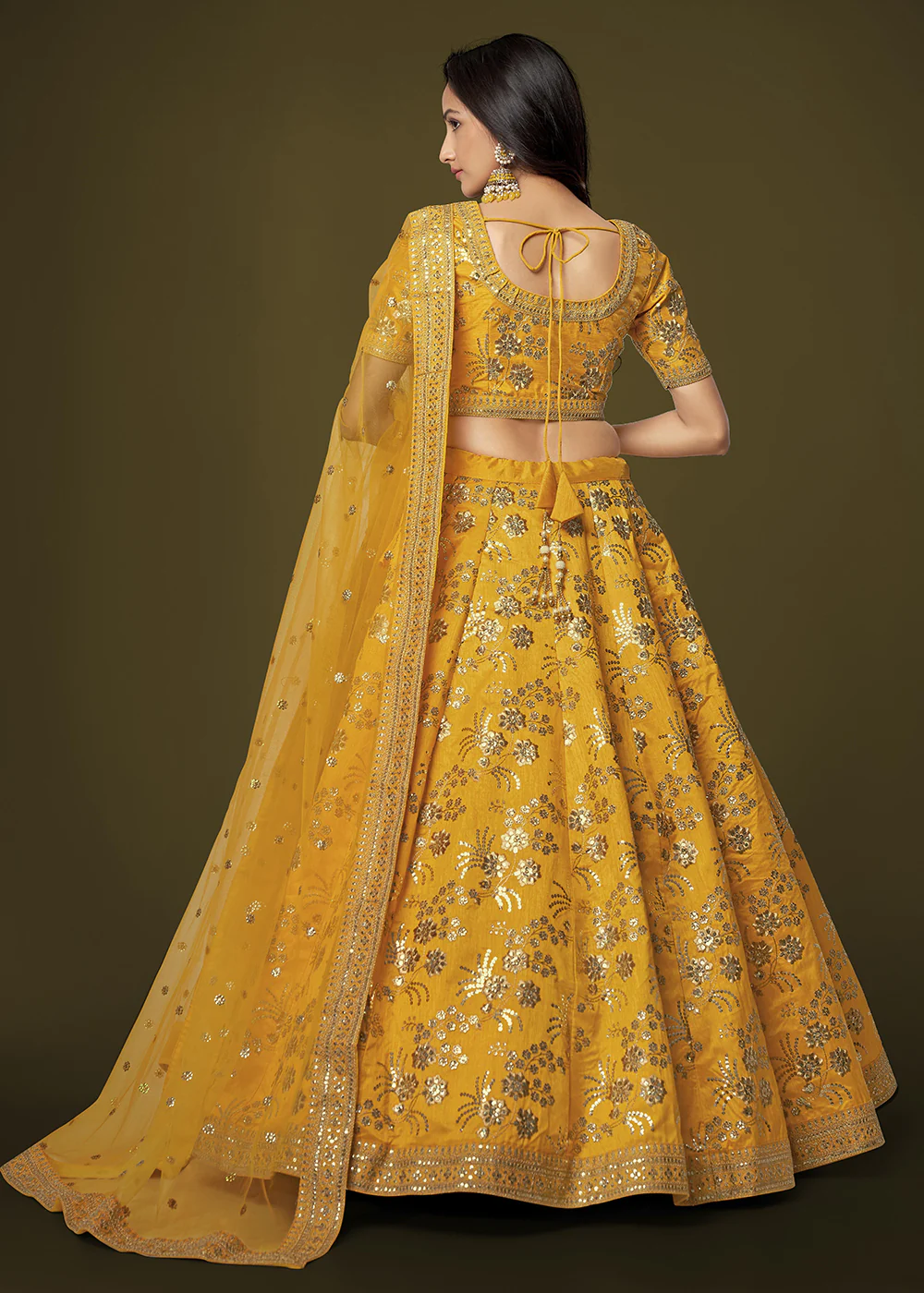 Sequins & Zari Embroidered Yellow Silk Designer Lehenga Choli - Image 3
