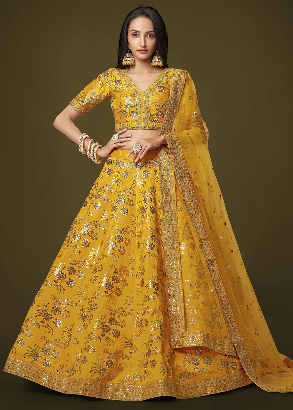 Sequins & Zari Embroidered Yellow Silk Designer Lehenga Choli - Image 4