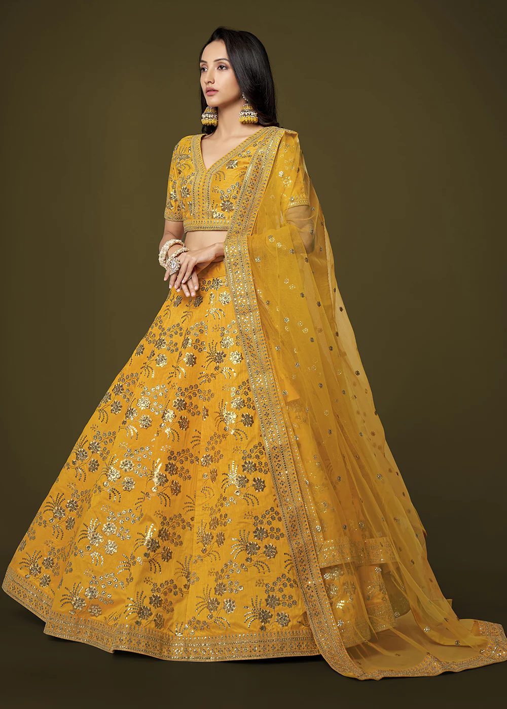 Sequins & Zari Embroidered Yellow Silk Designer Lehenga Choli - Image 5