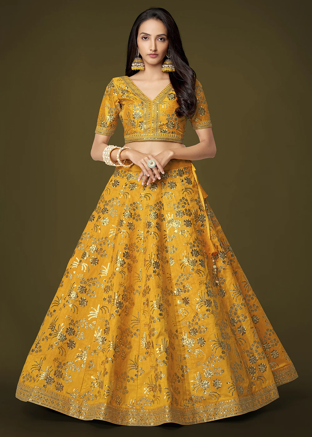 Sequins & Zari Embroidered Yellow Silk Designer Lehenga Choli - Image 6
