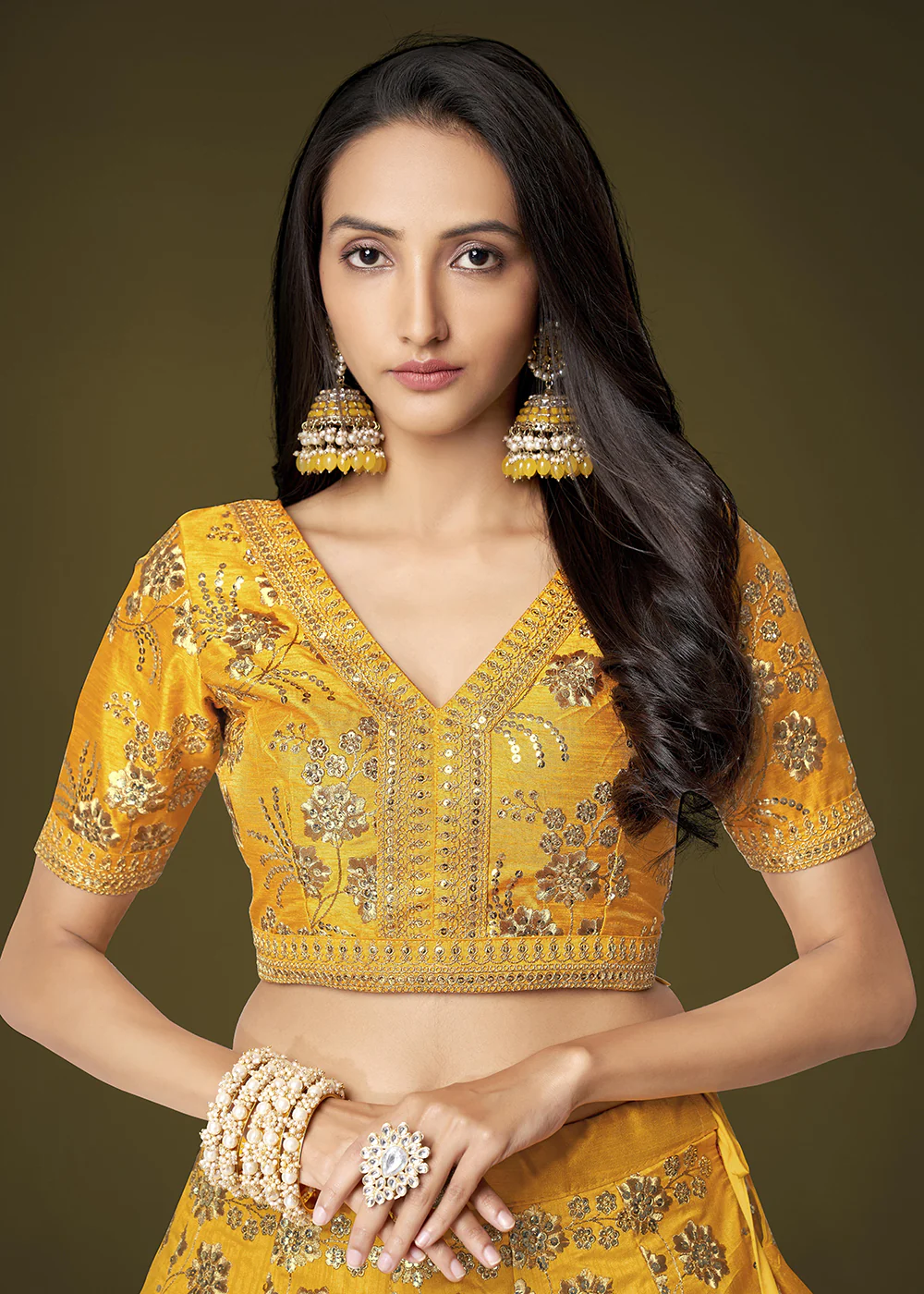 Sequins & Zari Embroidered Yellow Silk Designer Lehenga Choli - Image 7