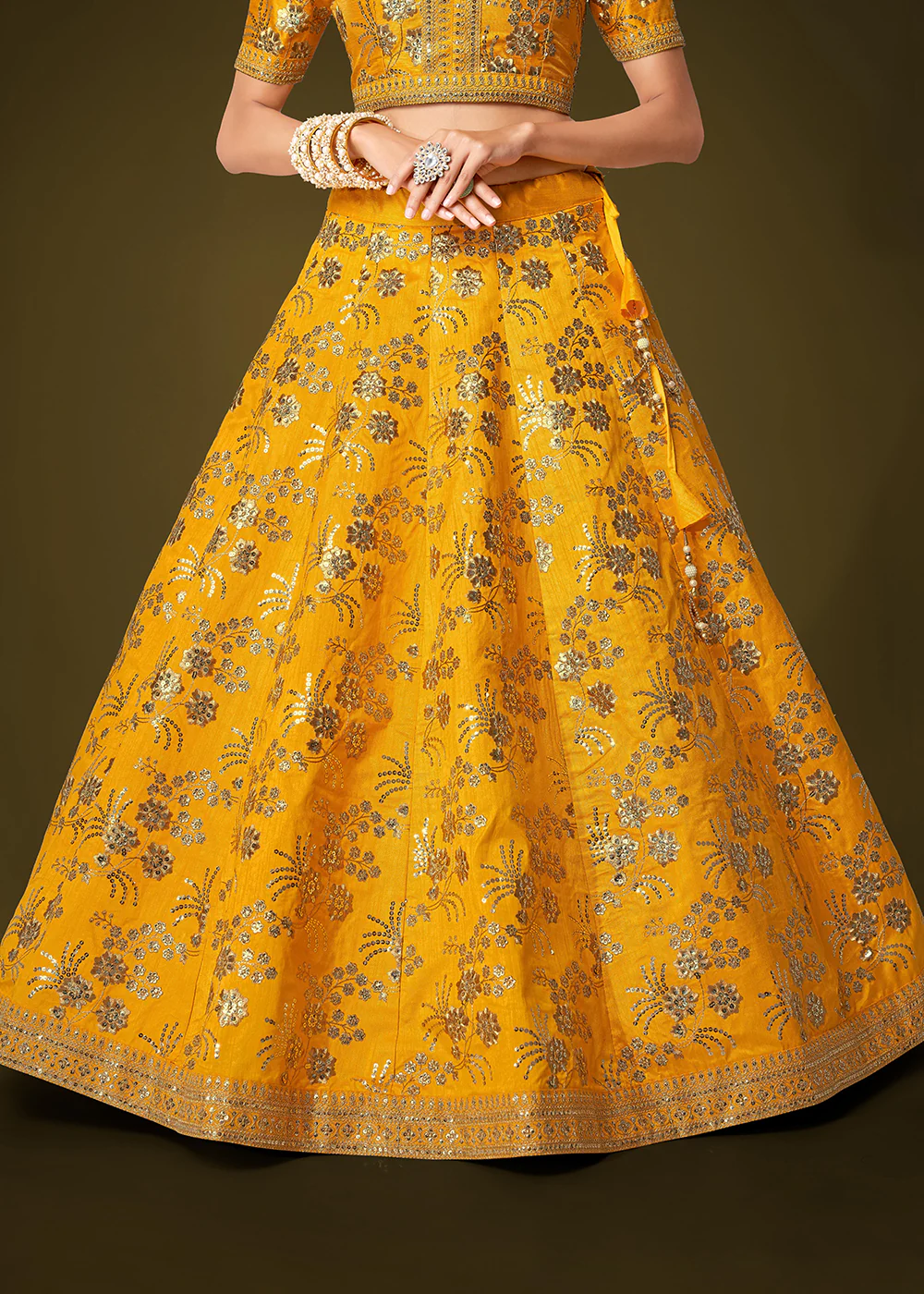 Sequins & Zari Embroidered Yellow Silk Designer Lehenga Choli - Image 8