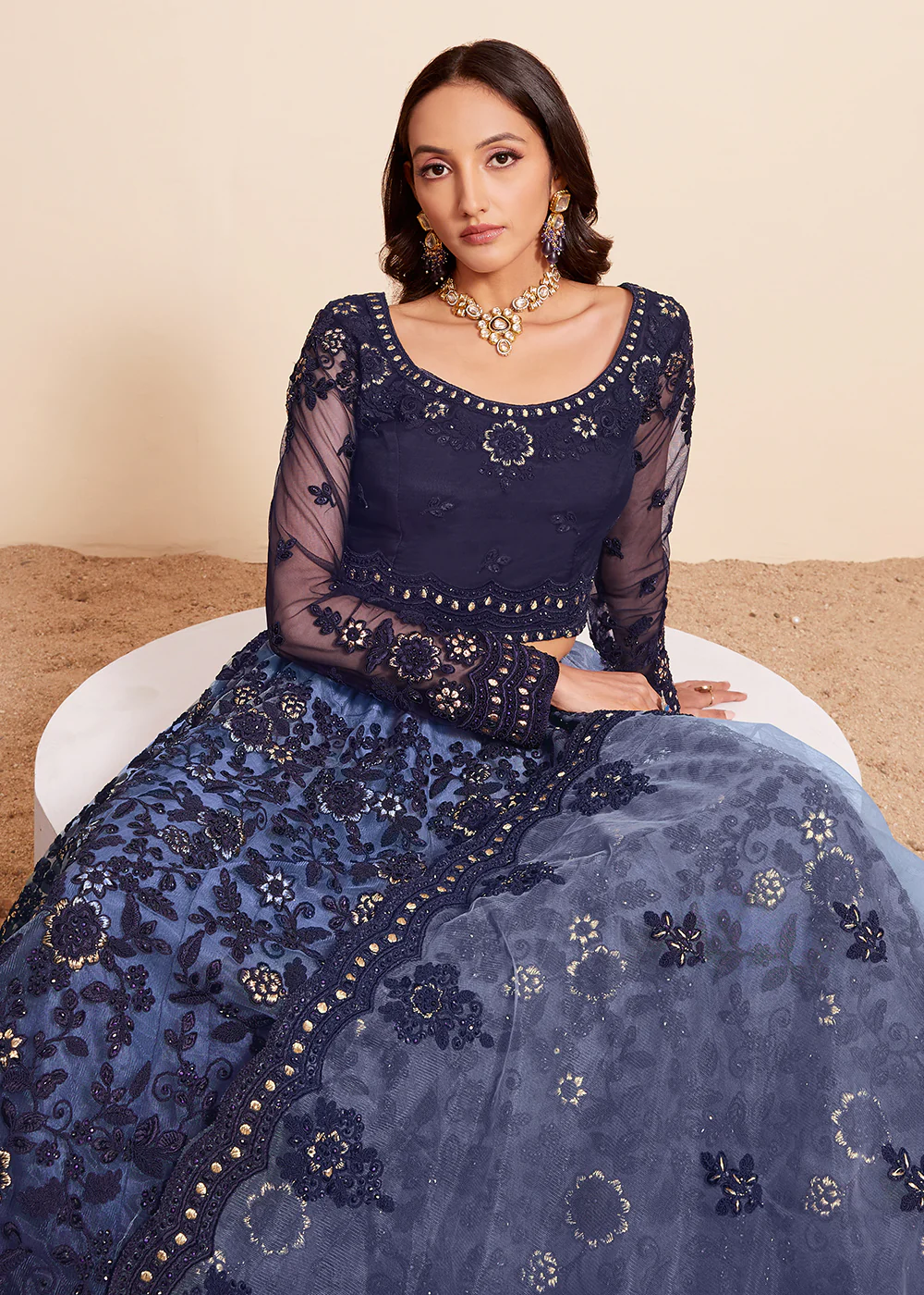 Shaded Blue Beautifully Heavy Embroidered Bridal Lehenga Choli - Image 4
