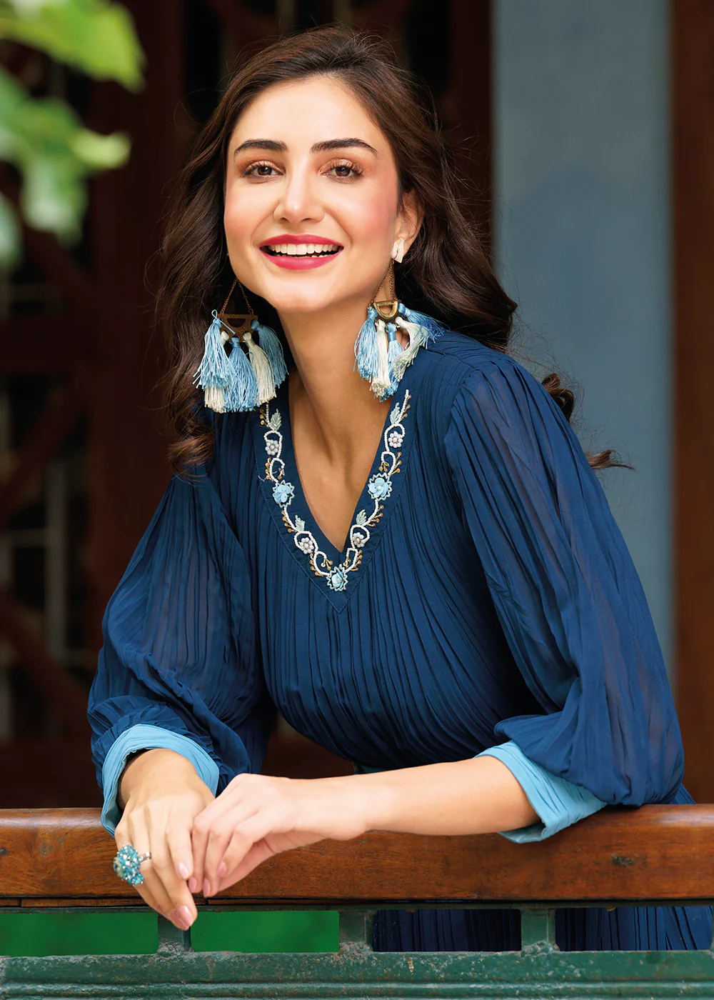 Shaded Blue Ombre Crushed Khatli Work Georgette Gown - Image 2
