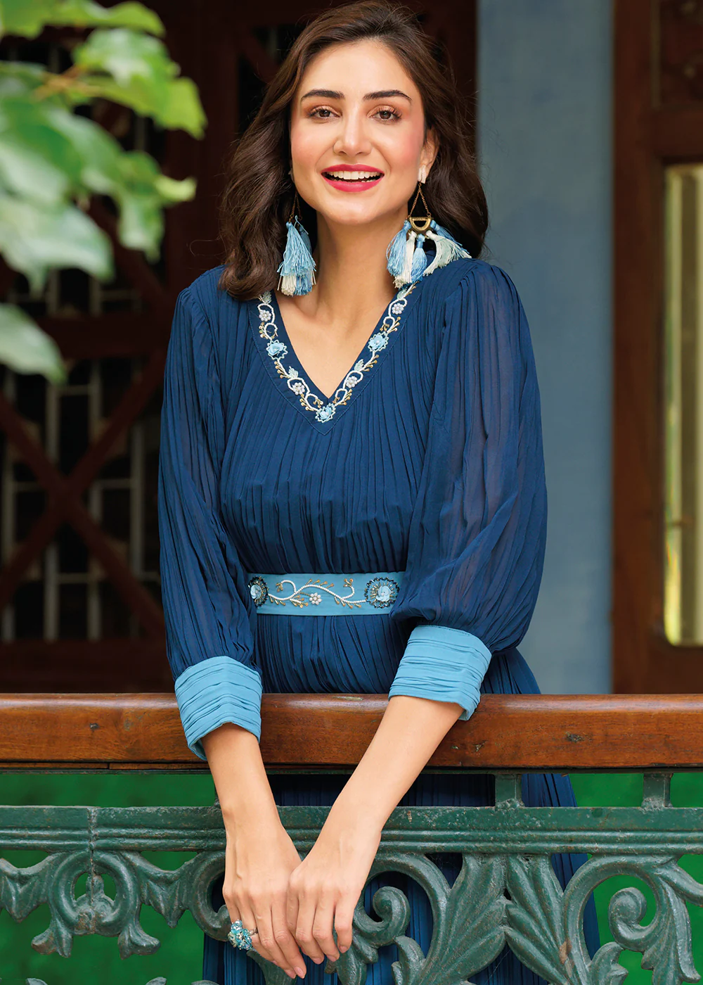 Shaded Blue Ombre Crushed Khatli Work Georgette Gown - Image 3