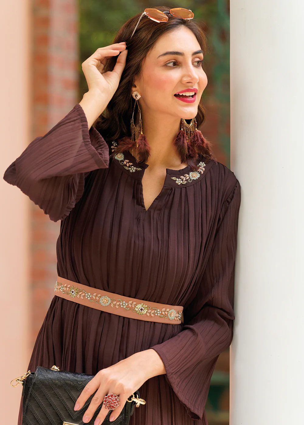 Shaded Brown Ombre Crushed Khatli Work Georgette Gown - Image 5