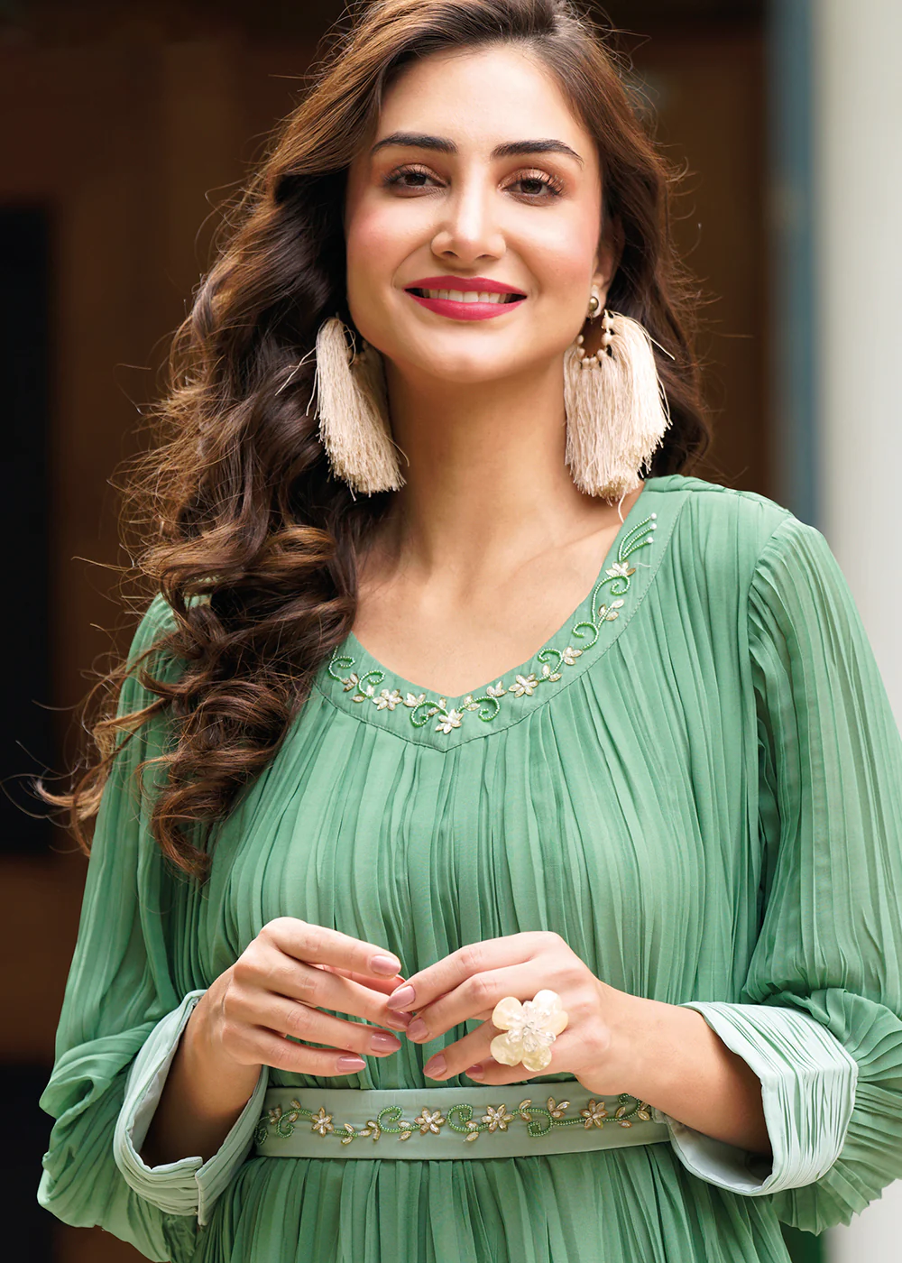 Shaded Green Ombre Crushed Khatli Work Georgette Gown - Image 3