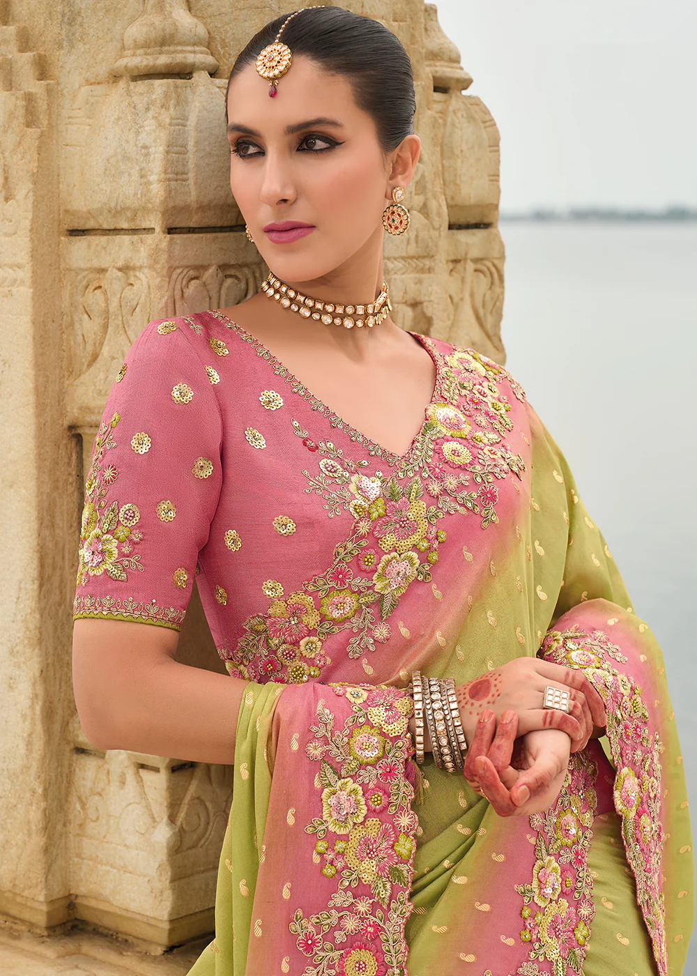 Shaded Pink Green Viscose Tissue Silk Designer Saree - Image 2