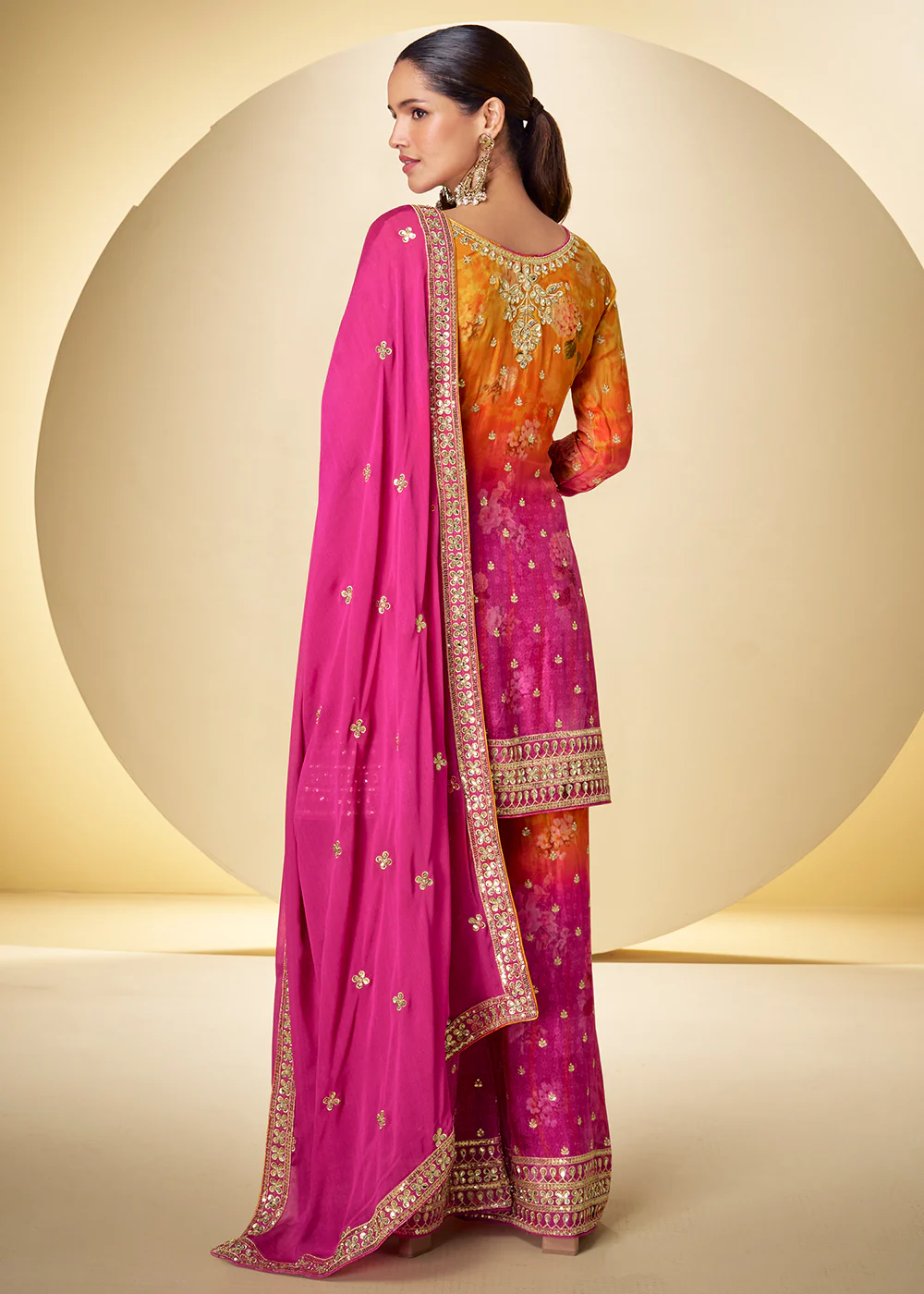 Shaded Pink Mirror & Sequins Palazzo Style Suit - Image 3