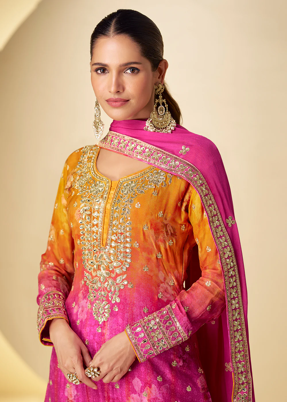Shaded Pink Mirror & Sequins Palazzo Style Suit - Image 4