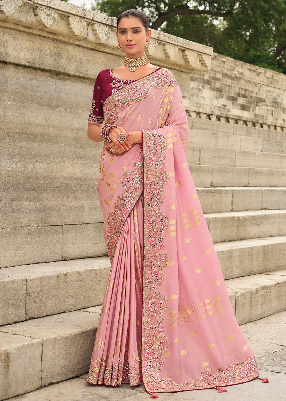 Shaded Pink Viscose Tissue Silk Designer Saree