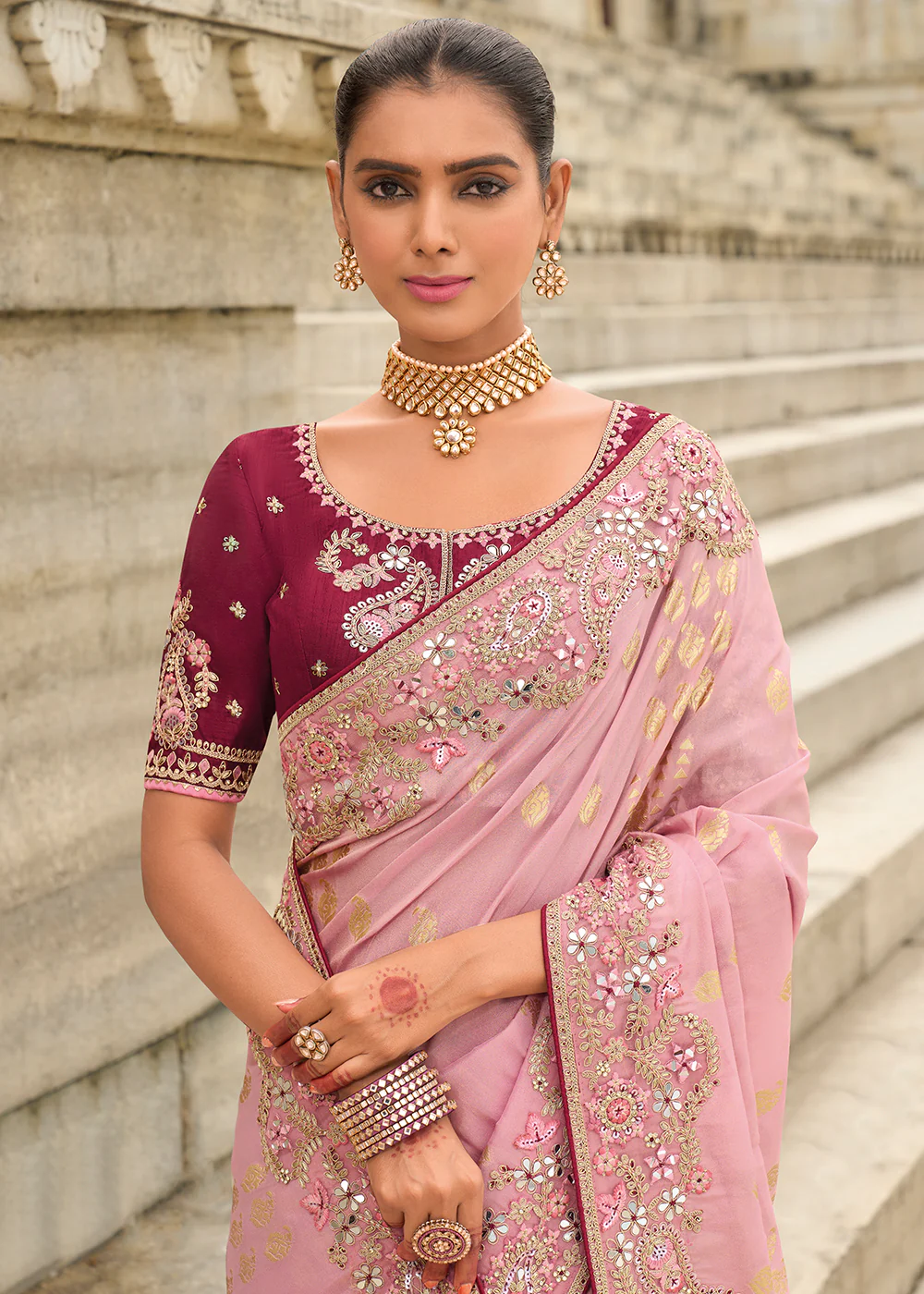 Shaded Pink Viscose Tissue Silk Designer Saree - Image 2
