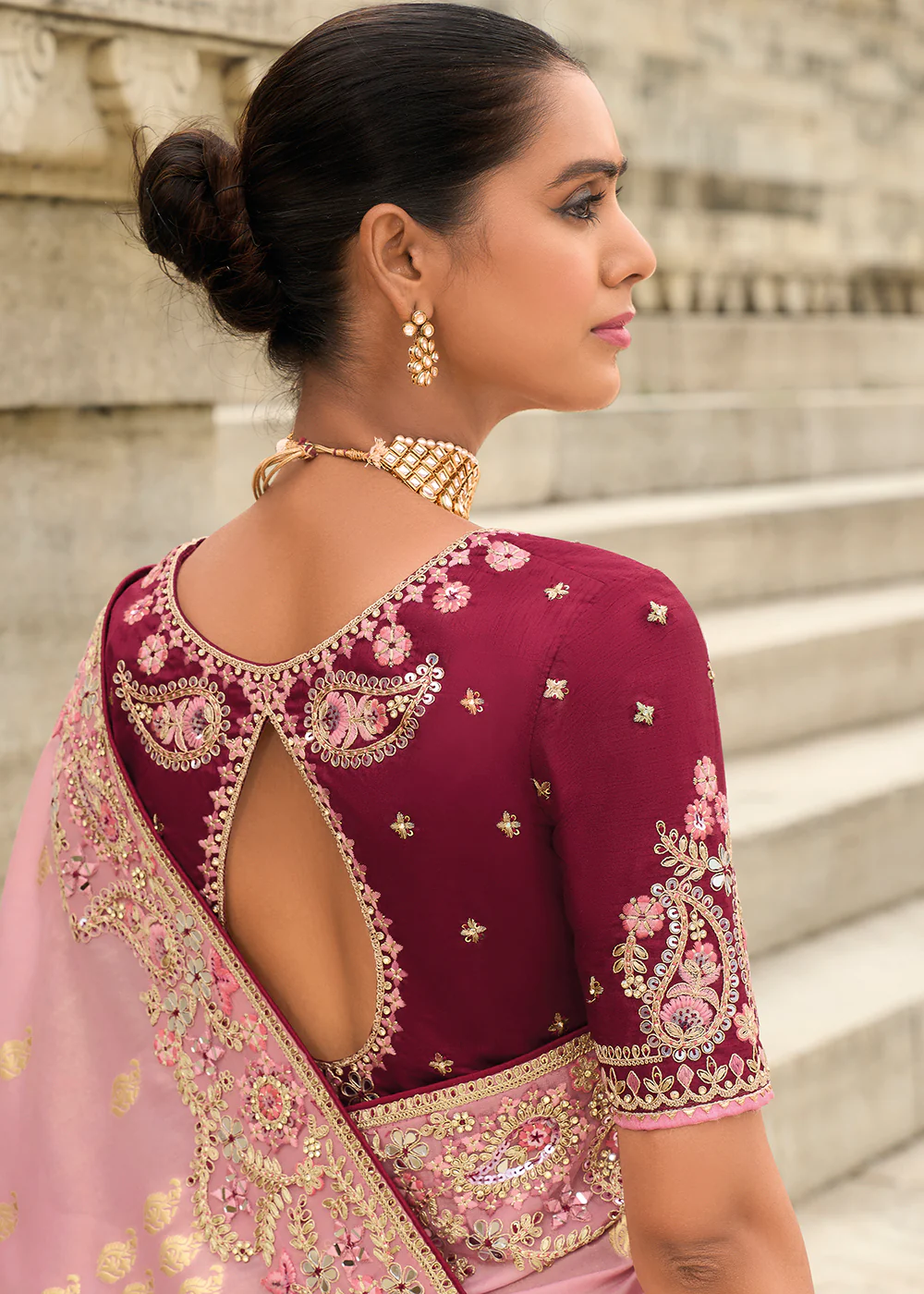 Shaded Pink Viscose Tissue Silk Designer Saree - Image 3