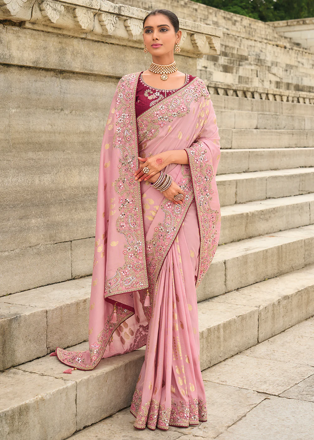 Shaded Pink Viscose Tissue Silk Designer Saree - Image 4