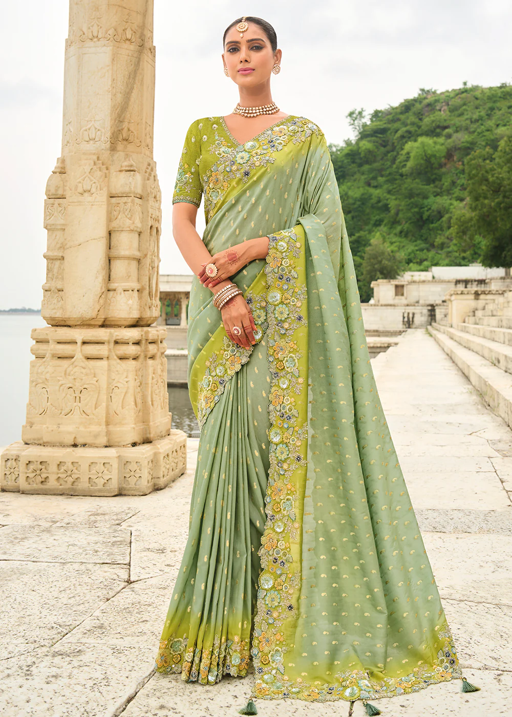 Shaded Pista Green Viscose Tissue Silk Designer Saree