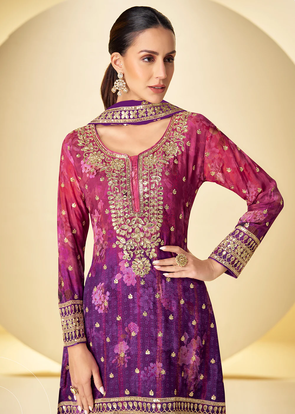Shaded Purple Mirror & Sequins Palazzo Style Suit - Image 2