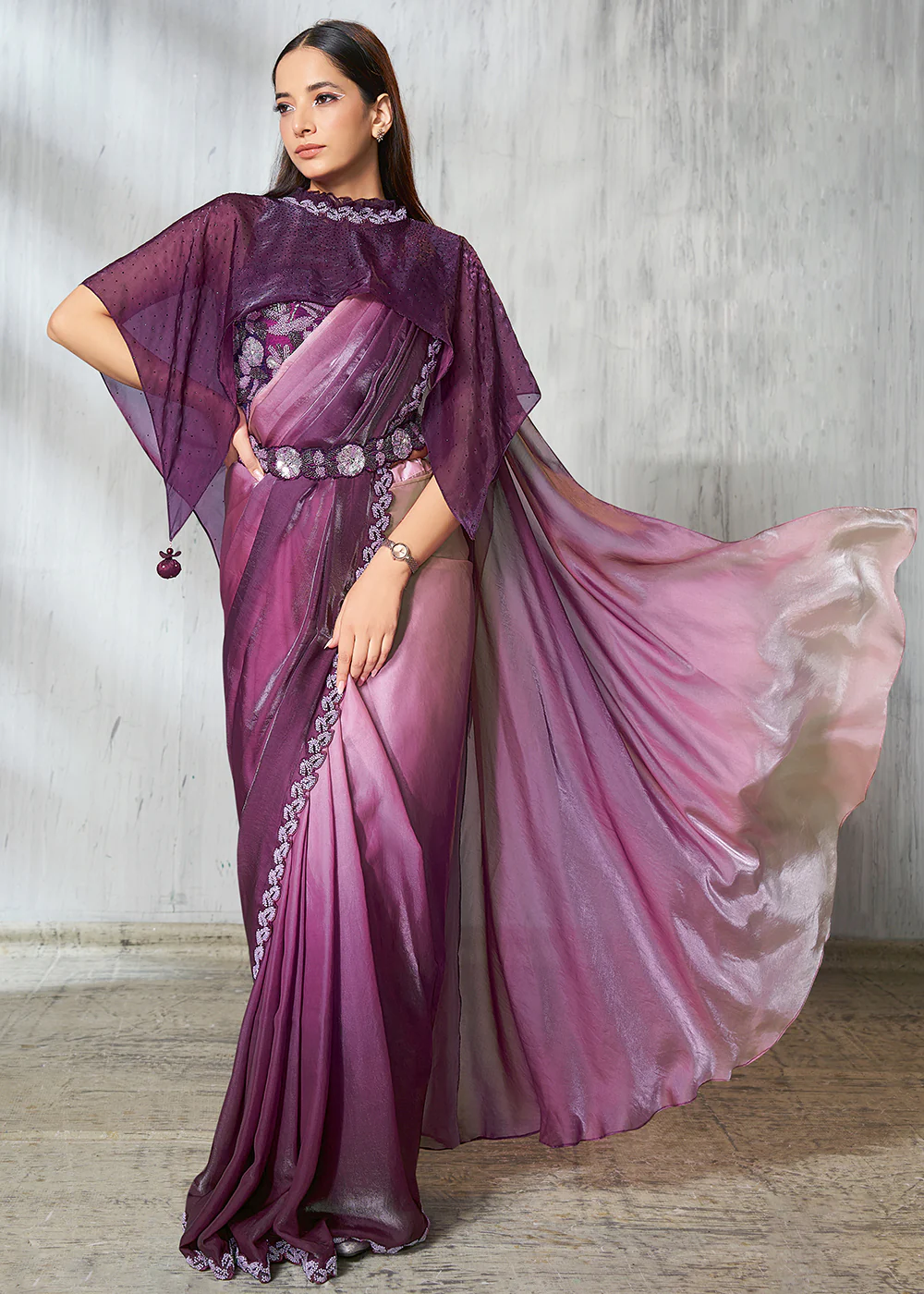 Shaded Wine Designer Embroidered Party Wear Saree