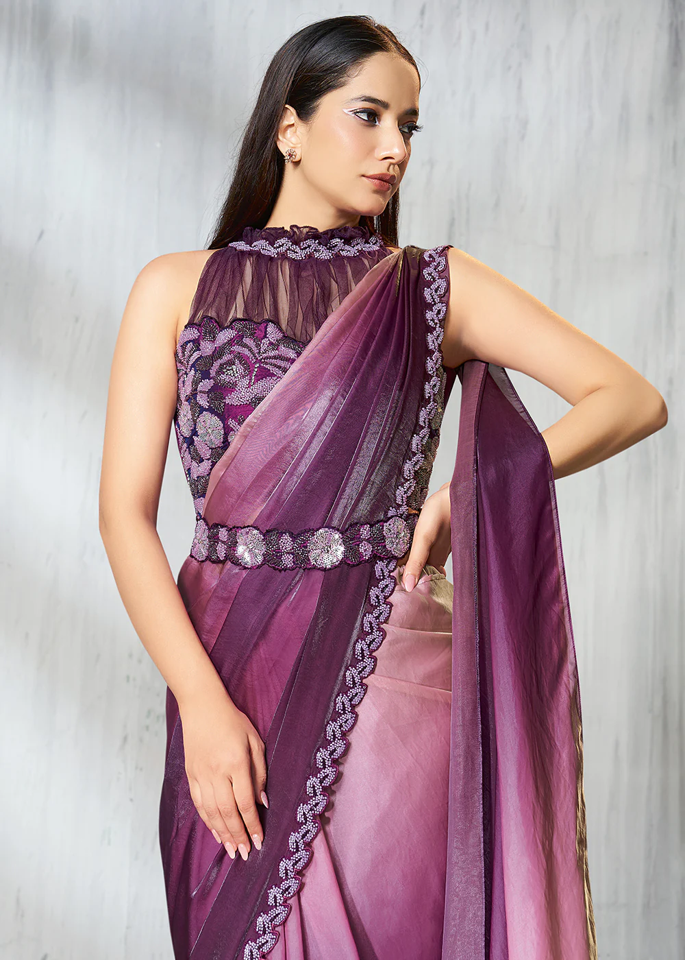 Shaded Wine Designer Embroidered Party Wear Saree - Image 2