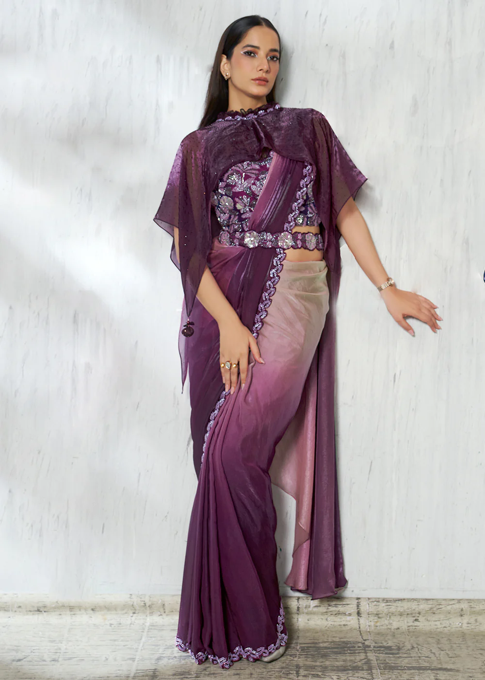 Shaded Wine Designer Embroidered Party Wear Saree - Image 3