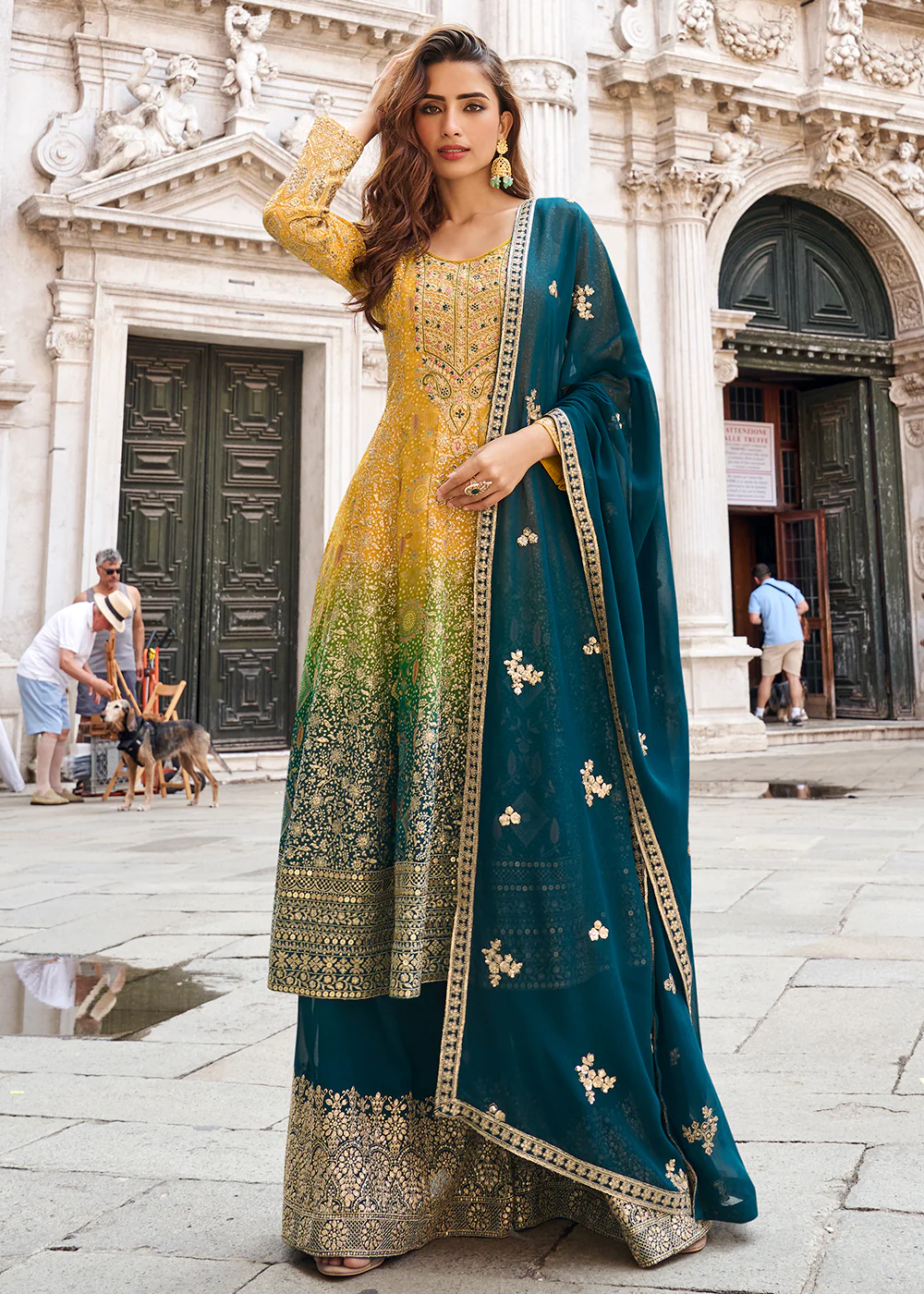 Shaded Yellow & Blue Viscose Silk Trendy Sharara Suit