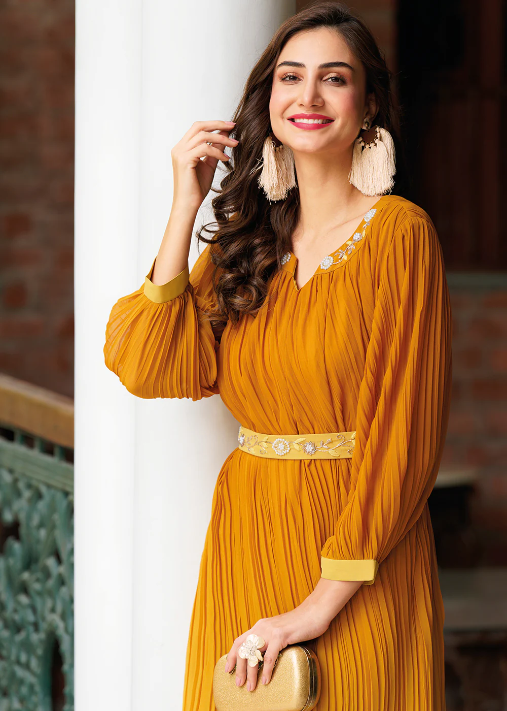 Shaded Yellow Ombre Crushed Khatli Work Georgette Gown - Image 2