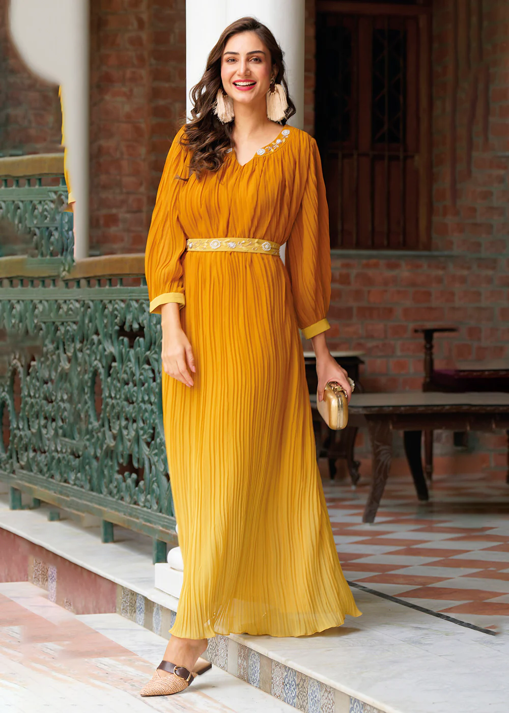 Shaded Yellow Ombre Crushed Khatli Work Georgette Gown - Image 3