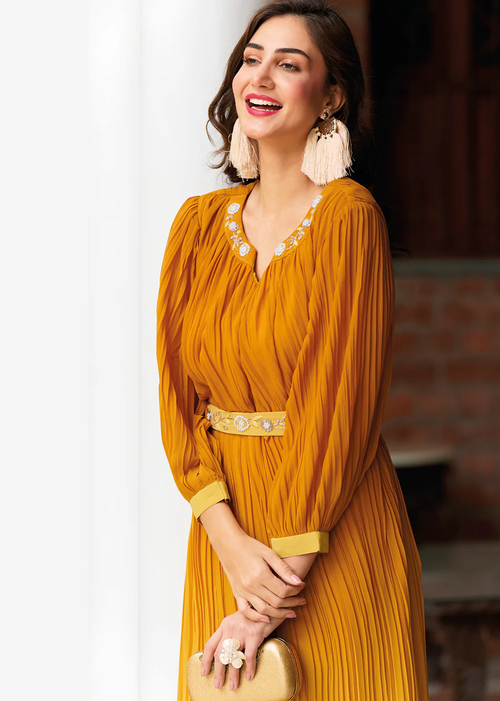 Shaded Yellow Ombre Crushed Khatli Work Georgette Gown - Image 4
